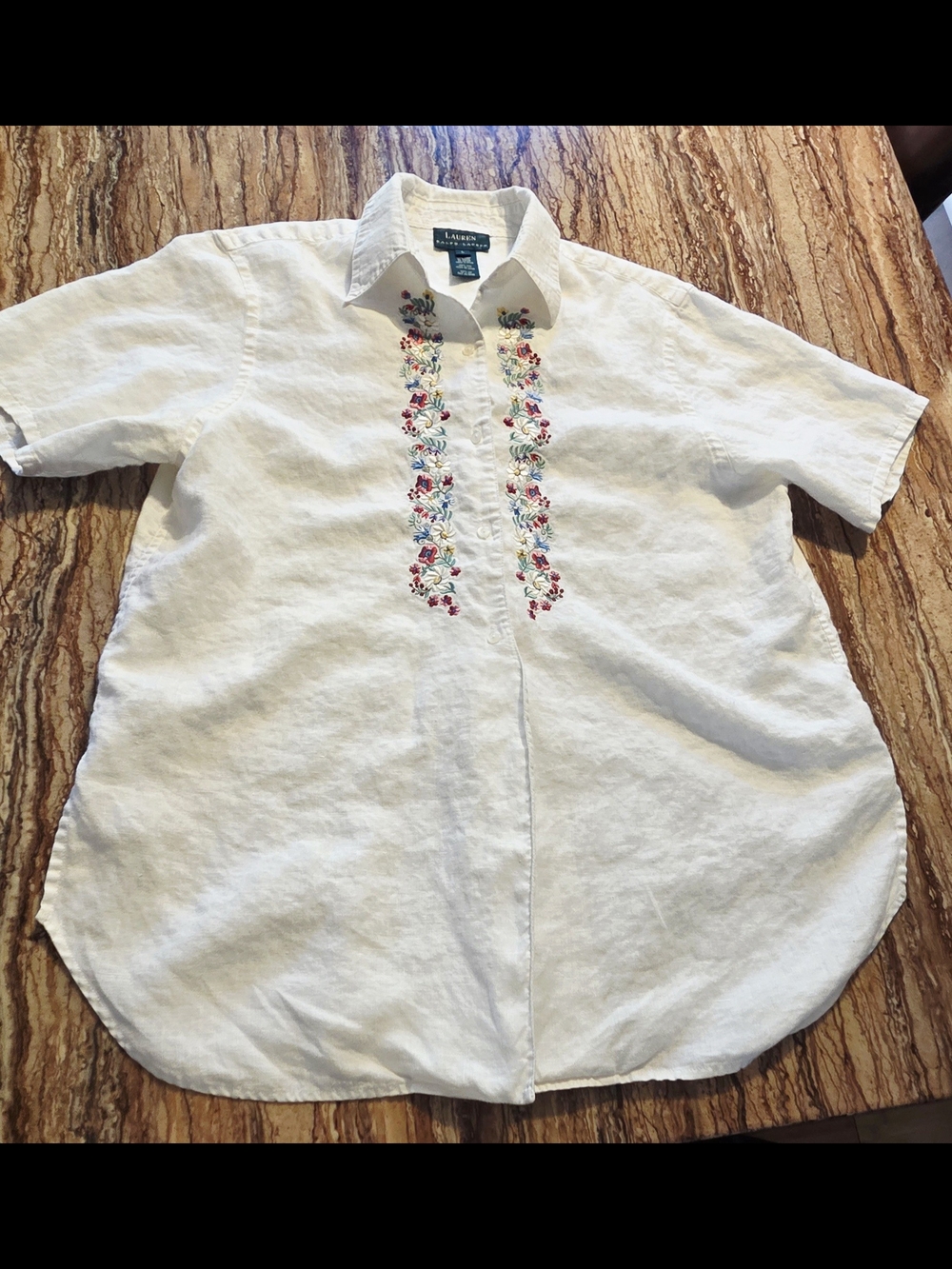 Lauren Ralph Lauren 100% Linen White Floral Embroidered Short Sleeve Shirt L